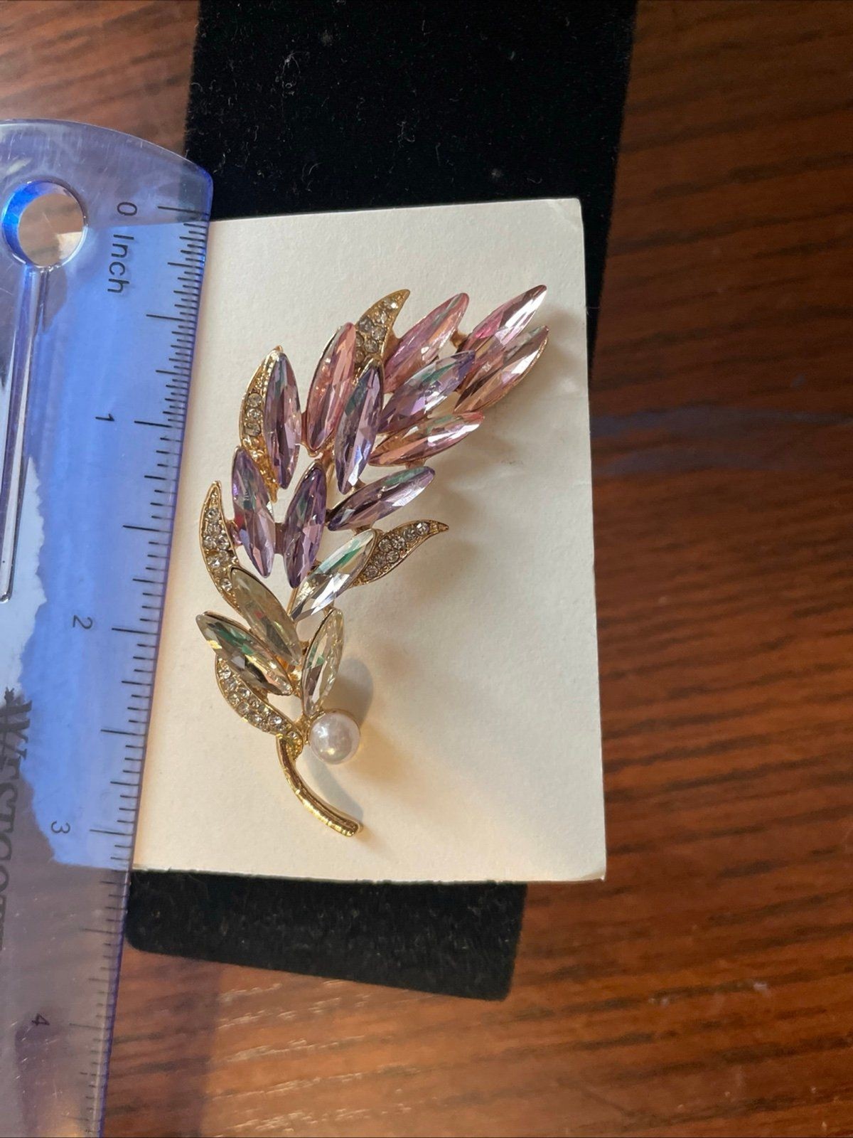 Faux Feather Brooch Pin With “diamon, Pearl And Pink Stones”