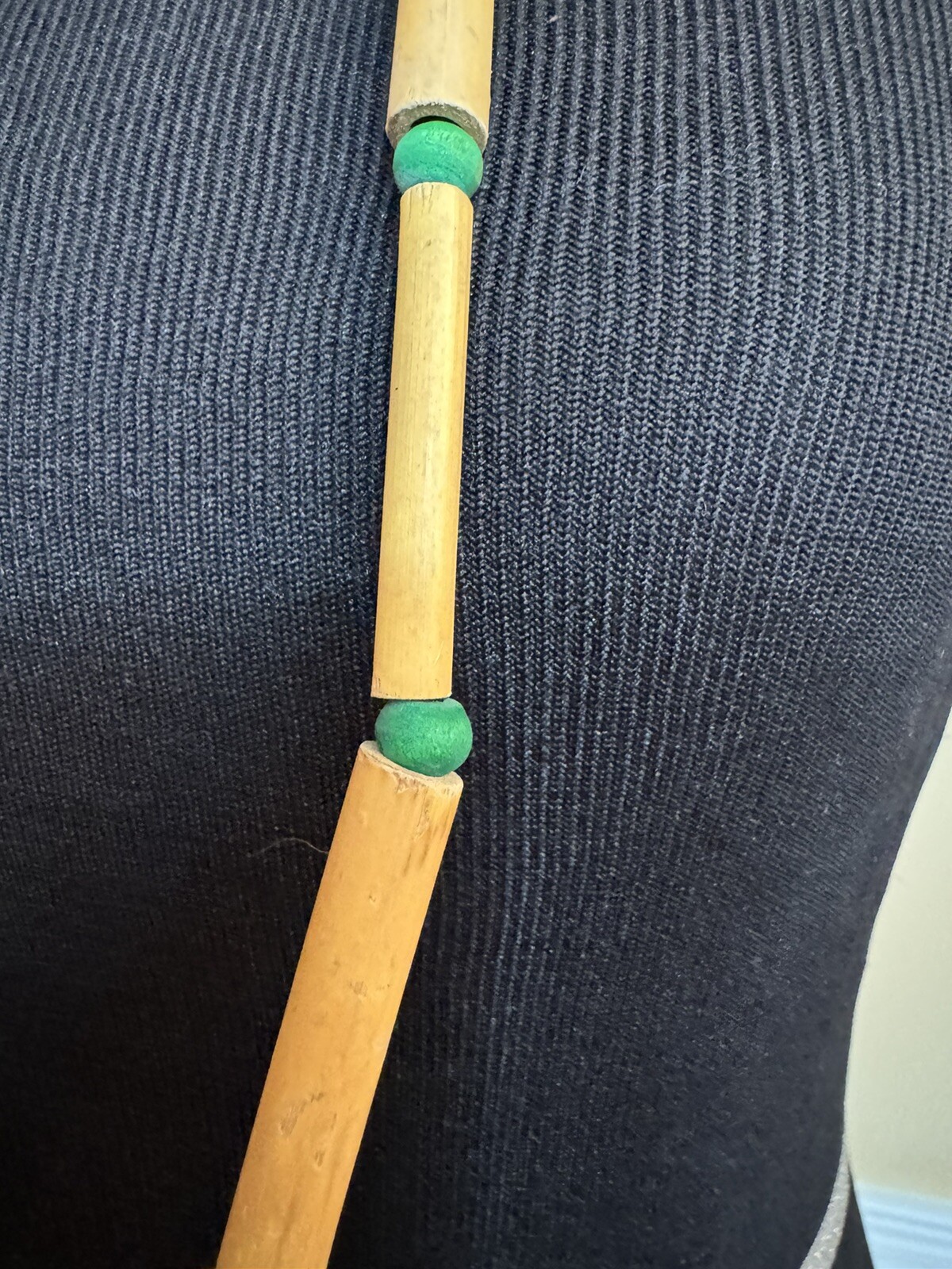 VTG 80s Bamboo Wood Beaded Necklace 32″ Green Brown Tubular Boho Tribal Earthy