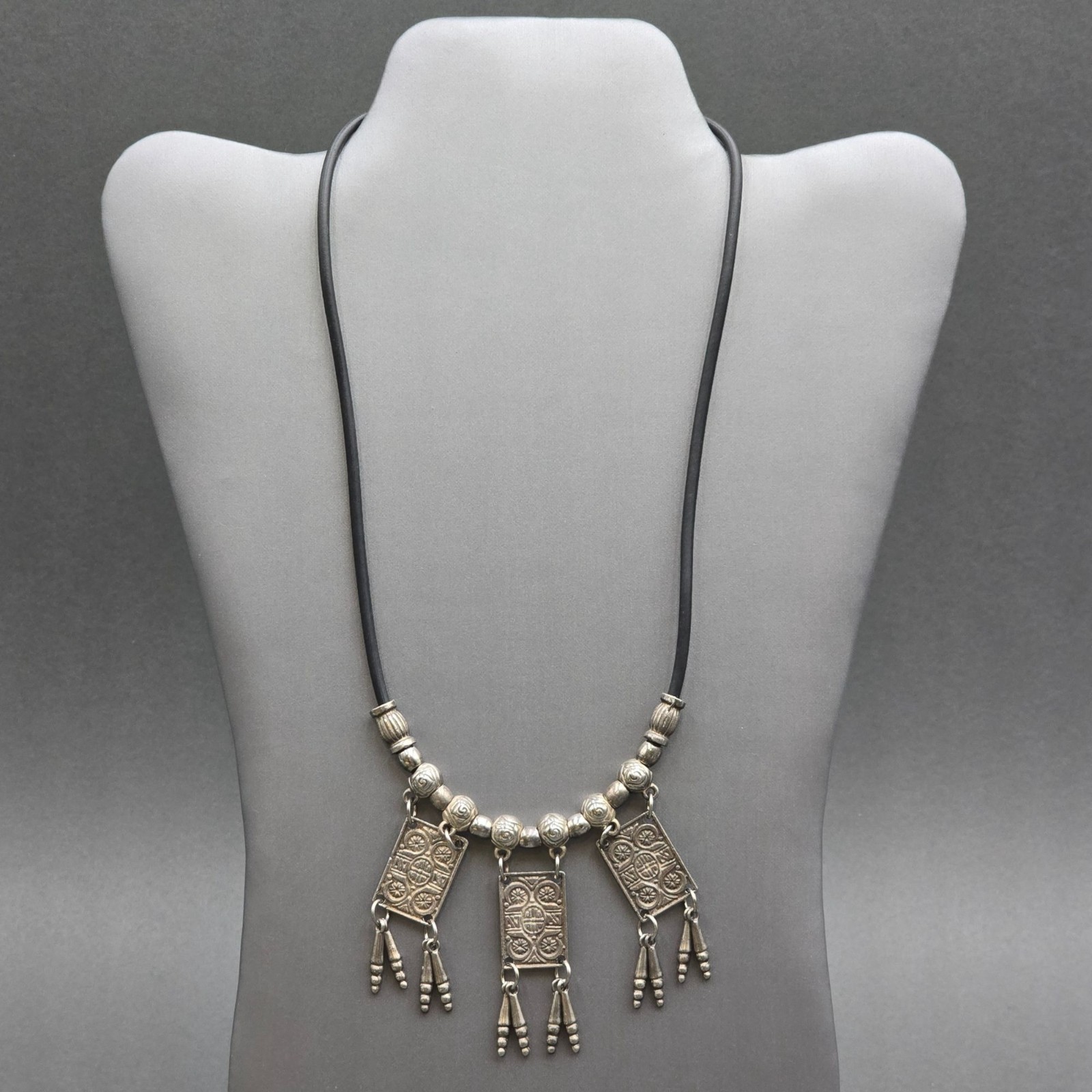 Vintage Tribal Panel Fringe Necklace Silver Tone Leather Cord Boho Statement