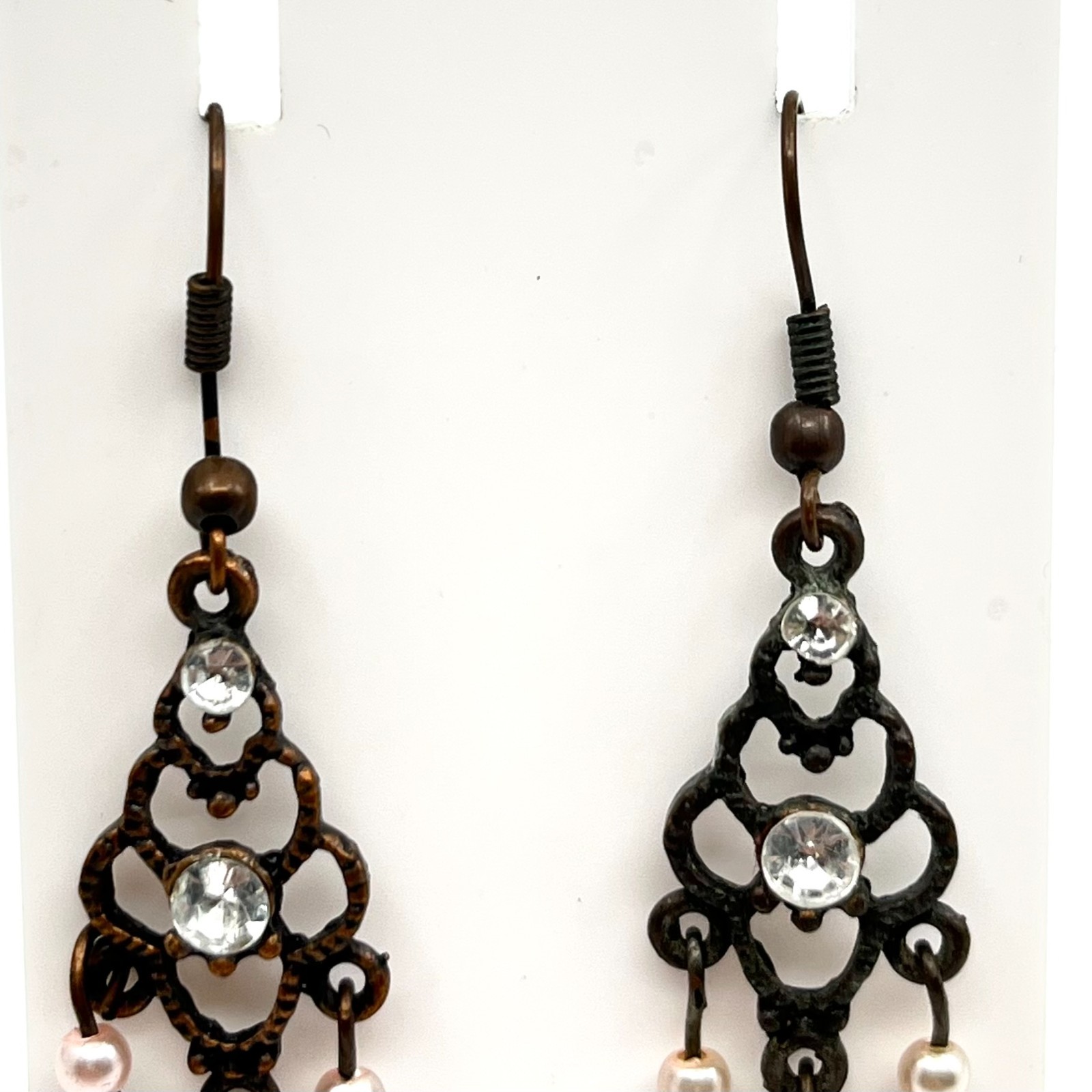 Vintage Antique Bronze Tone Chandelier Earrings Faux Pearl Rhinestone Dangle Y2K