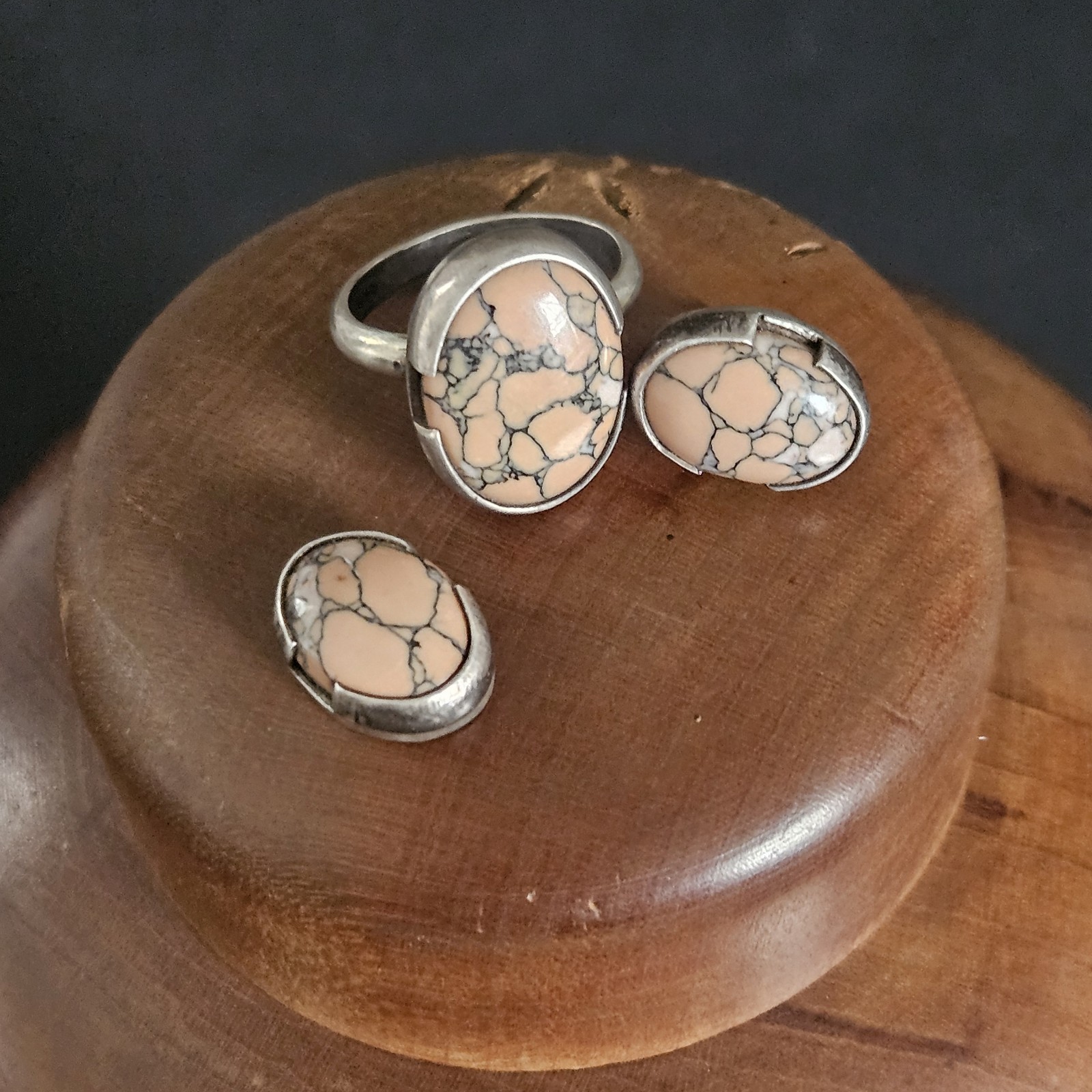 VTG Tortoise Shell Ring Earrings Sterling Silver 925 Jasper ATI Mexico Size 6.5