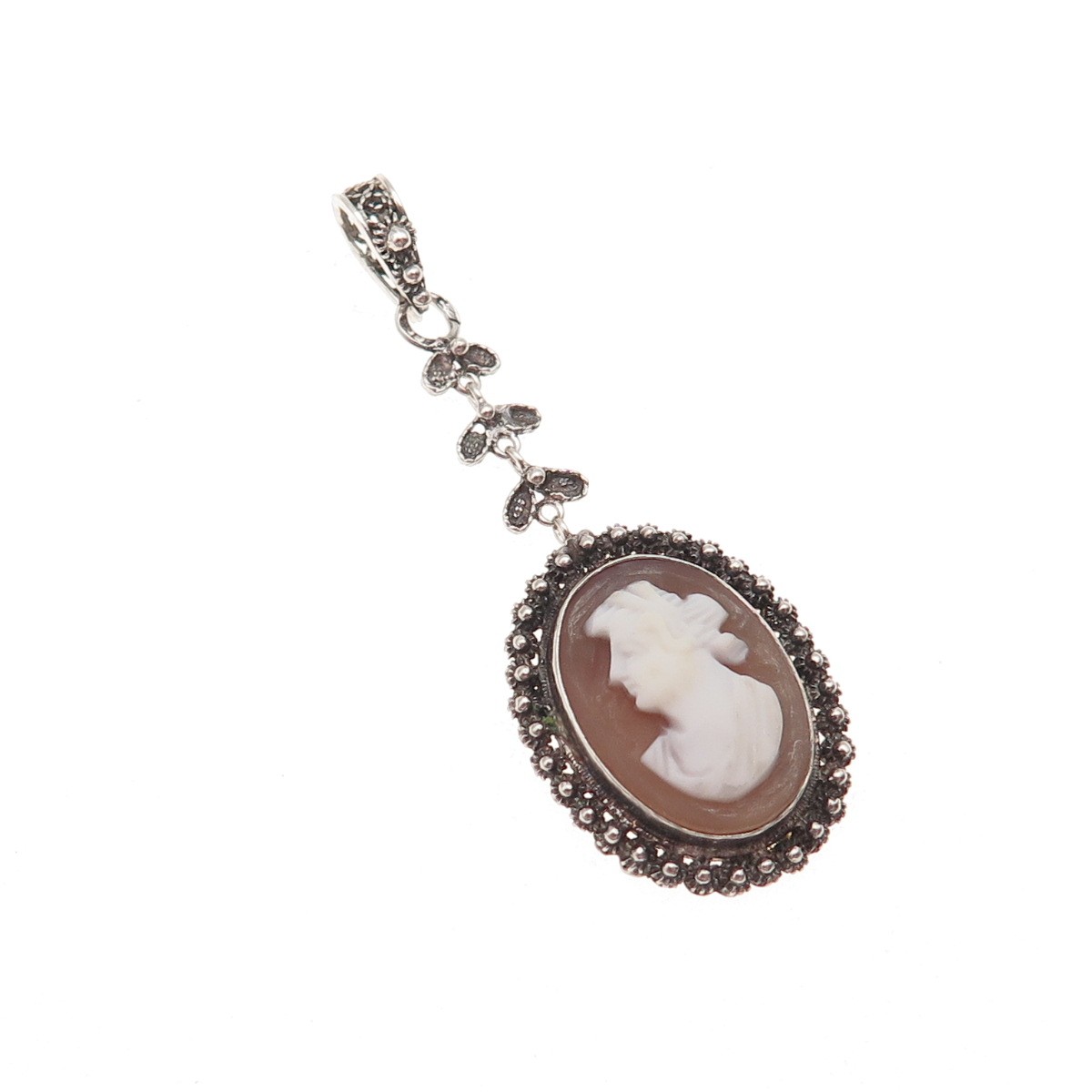 925 Sterling Silver Antique Art Deco Real MOP Lady Cameo Cannetille Pendant