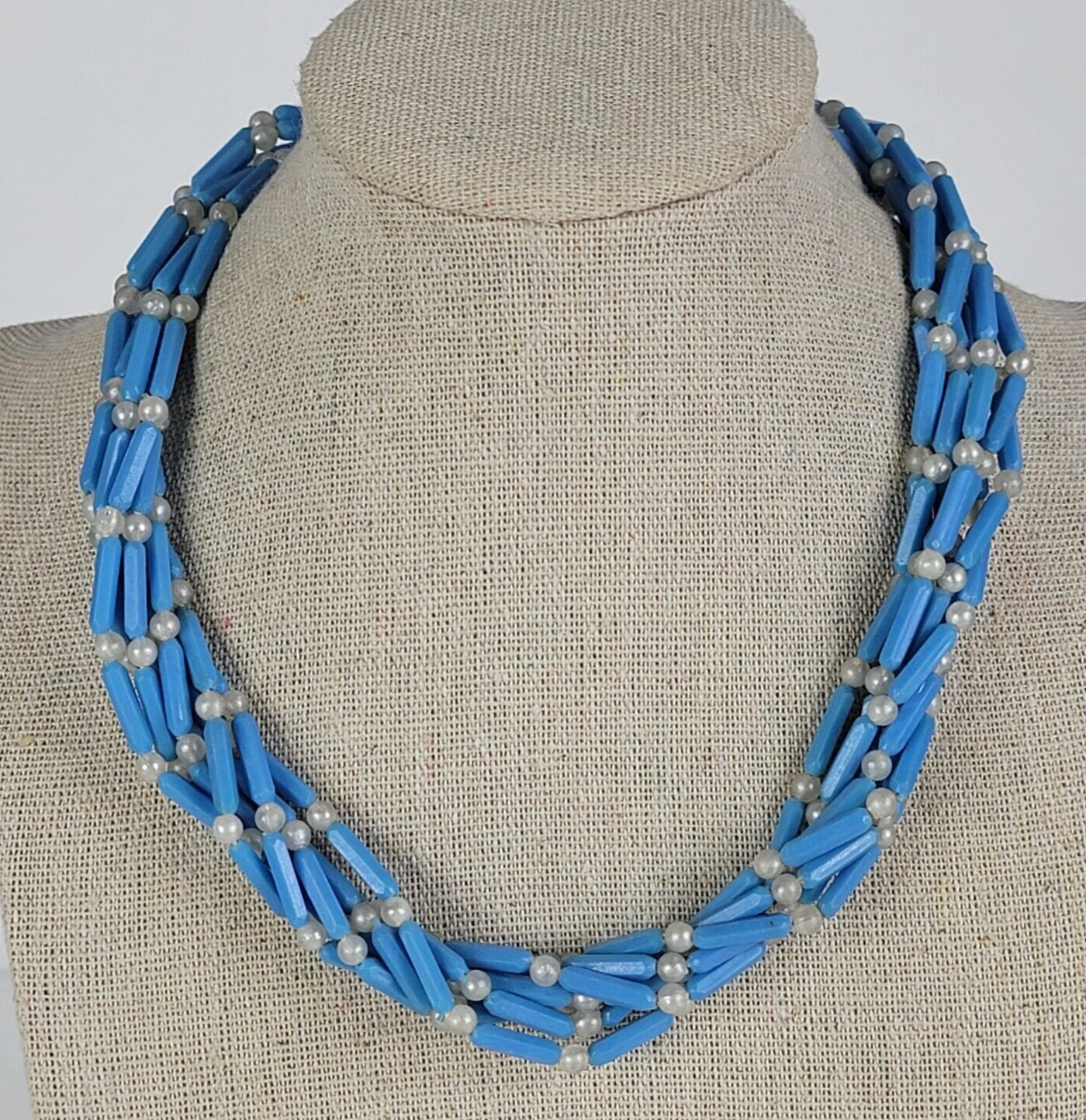 Vintage Hong Kong Blue And White Plastic Beaded Multi Strand Necklace 17.5 in