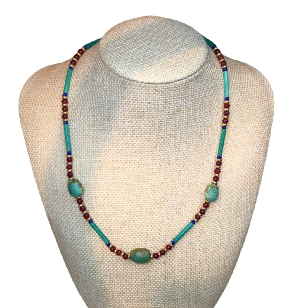 Vintage Egyptian Revival Necklace With Teal Scarab Beads & Red Gold Glass boho