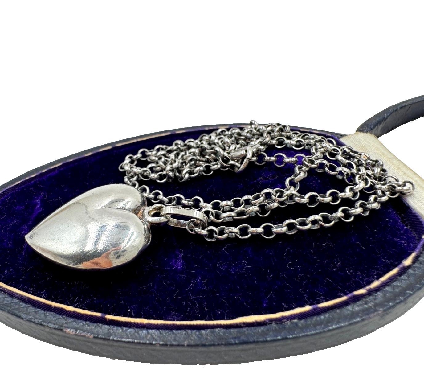 OLD VICTORIAN PUFFY HEART PENDANT ON ROUND LINKS CHAIN STERLING SILVER NECKLACE