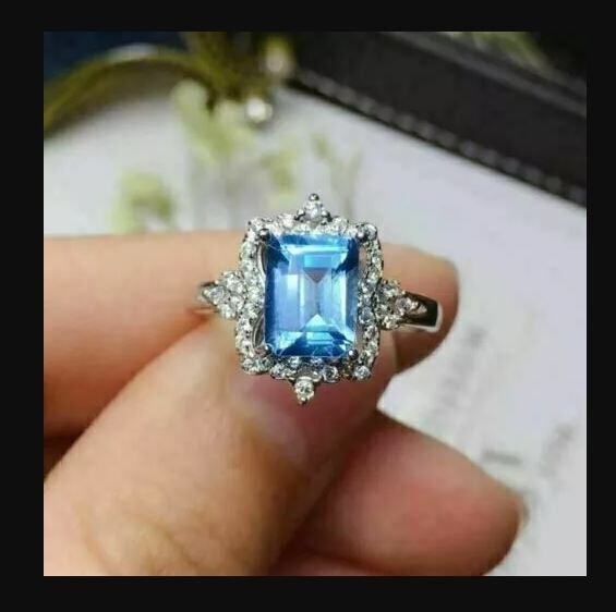 14k White Gold Plated 3Ct Emerald Lab Created Blue Topaz Engagement Halo Ring