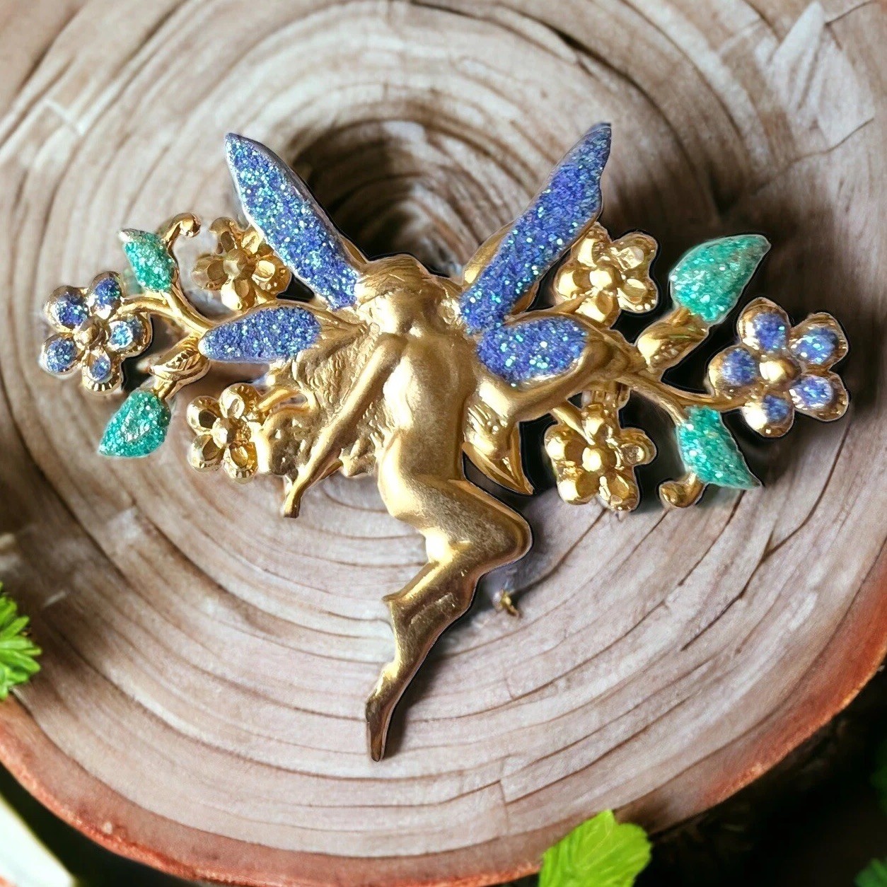 Fairy Brooch Gold Tone Pixie Pin Sparkling Flowers Vintage Whimsical