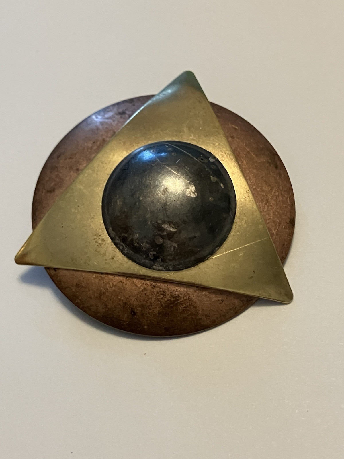 Vintage Modernist Brutalist Mixed Metals Statement Brooch Circle Triangle 80s