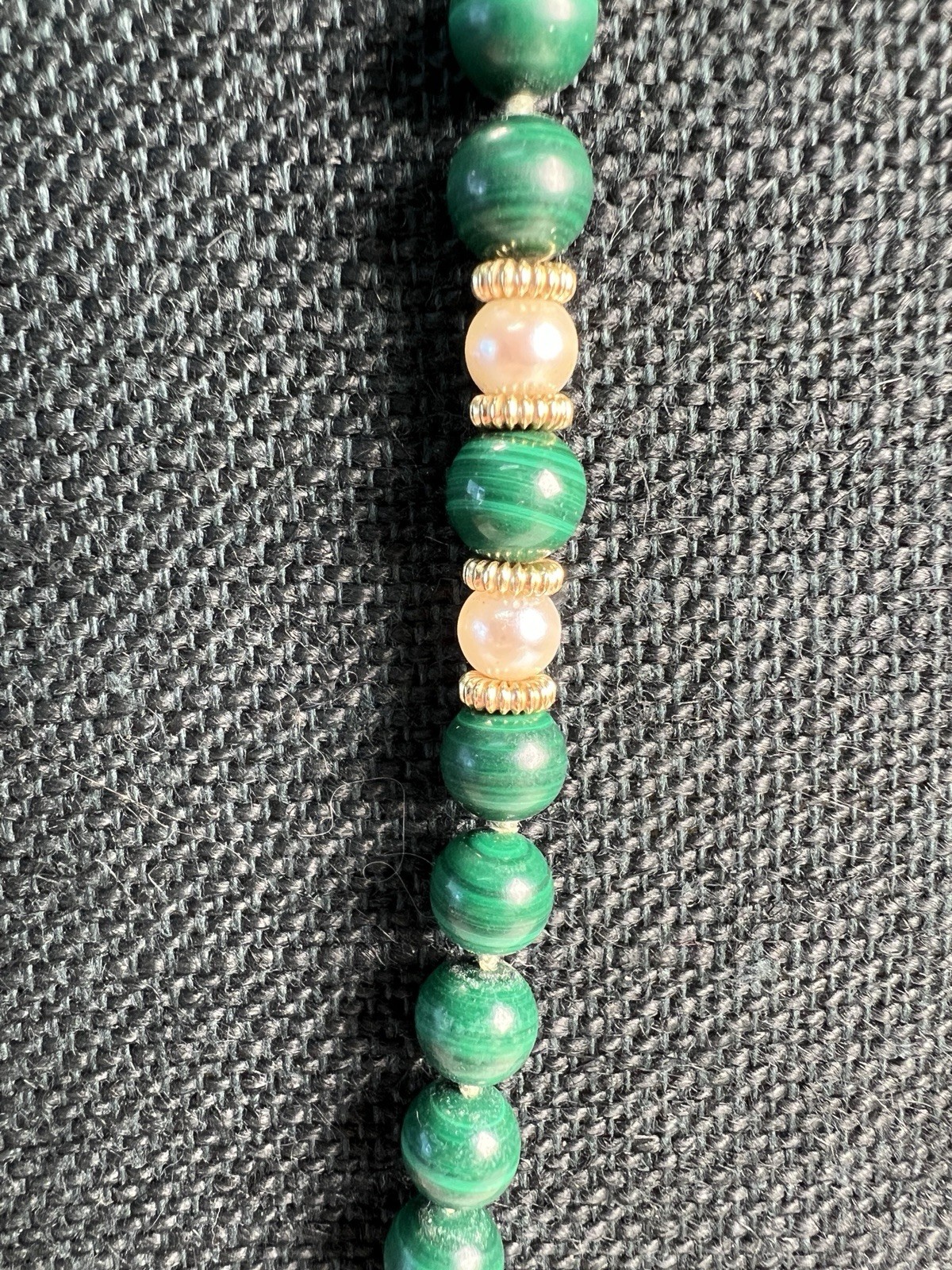 Beaded Malachite Pearl 21″ Necklace 14K Fish Hook Clasp