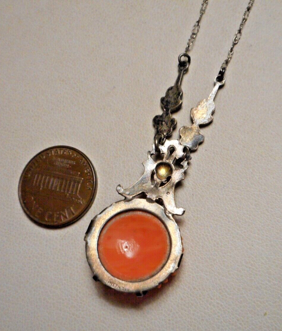 1920s Art Deco Czech? Faux Carved Coral Glass & Marcasite Pendant Necklace 16″