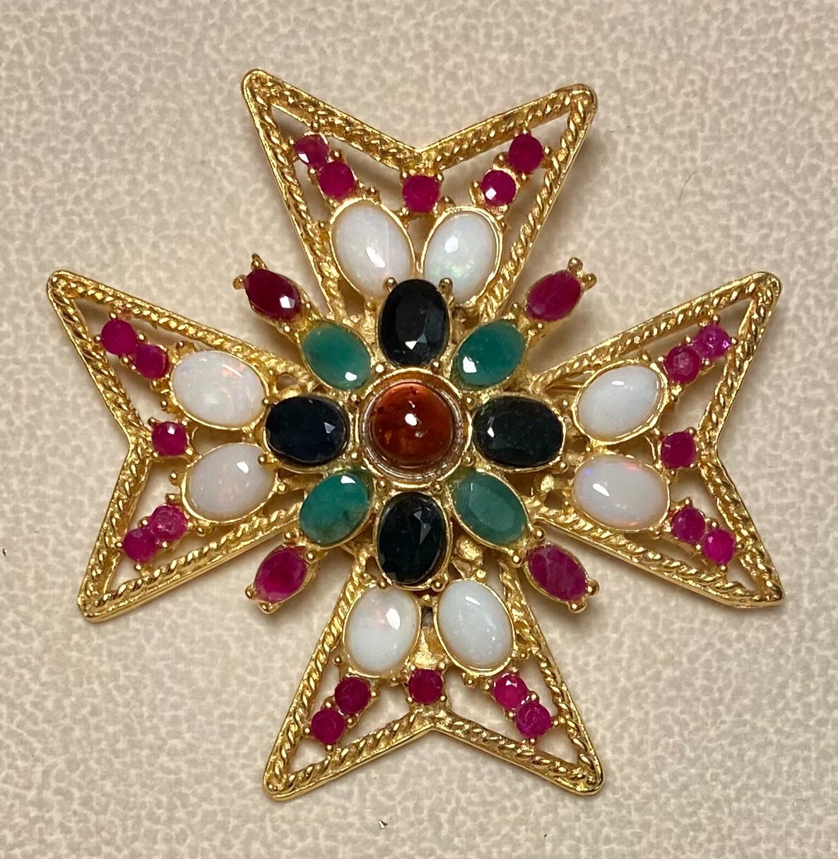 AUTHENTIC SWOBODA CROSS BROOCH ~GENUINE RUBY, EMERALD, SAPPHIRE, OPAL ~PRECIOUS!