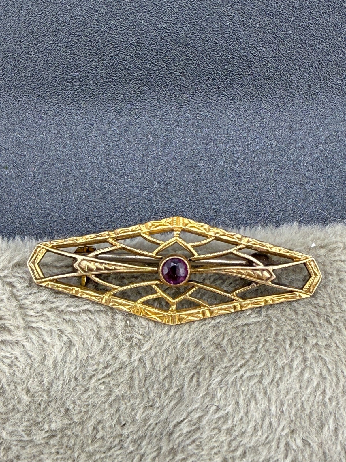 Vintage Gold Filled Filigree Brooch Rhinestone Purple