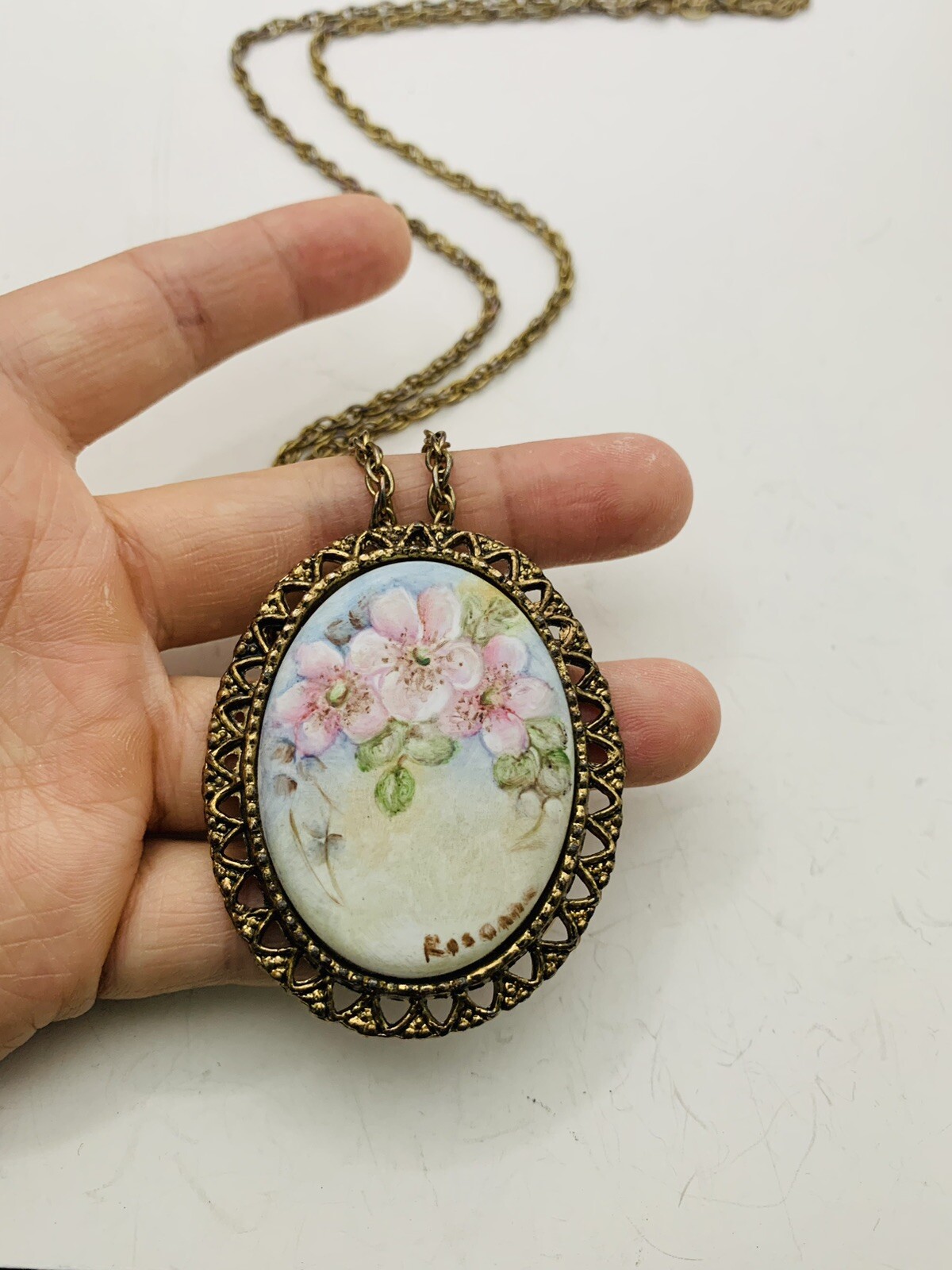 Vintage Cottagecore Hand Painted Pink Flower Nature Scene Artist Signed Necklace