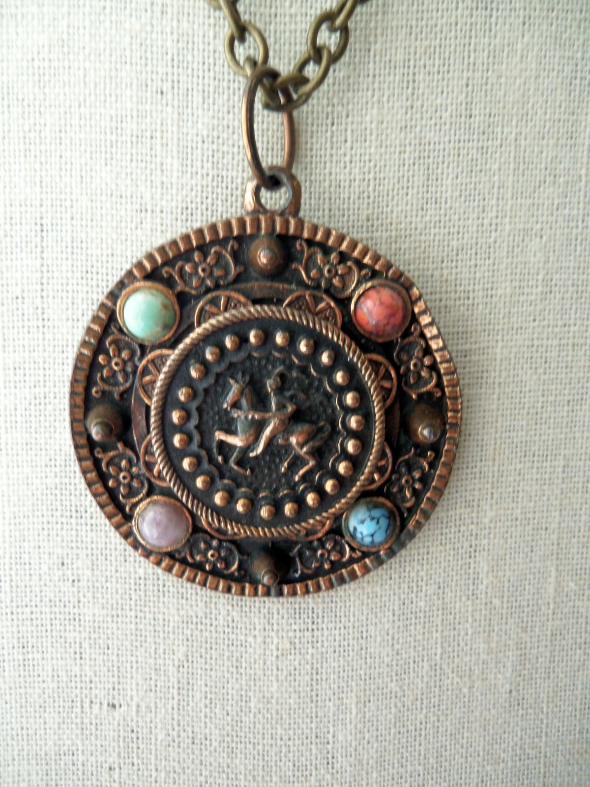 Vintage Copper Brass Faux Gemstone Knight Crest Shield Brooch Pendant Necklace