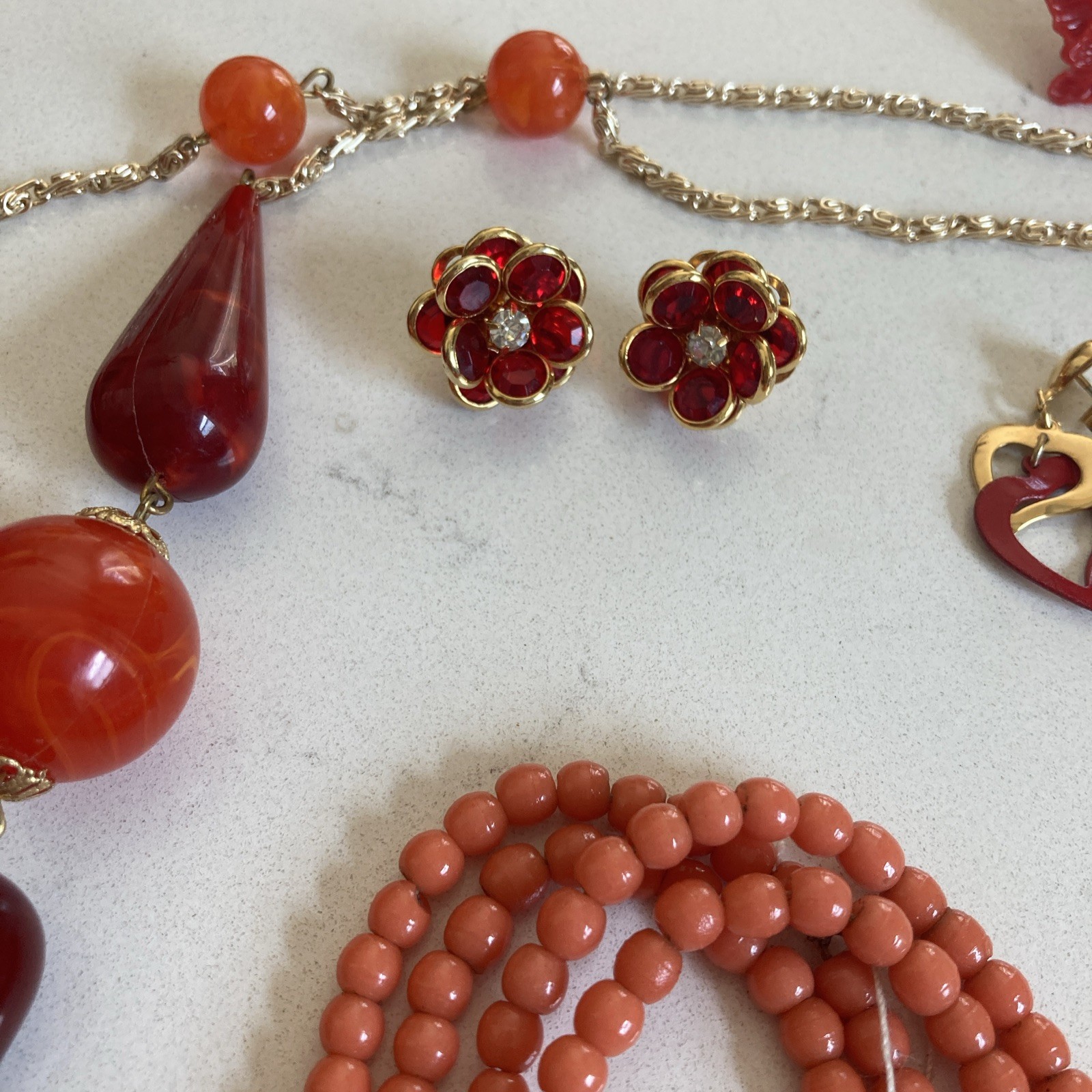 Vintage Red Orange Jewelry Lot Glass Bead Necklaces Earrings Sead Beads Pendant