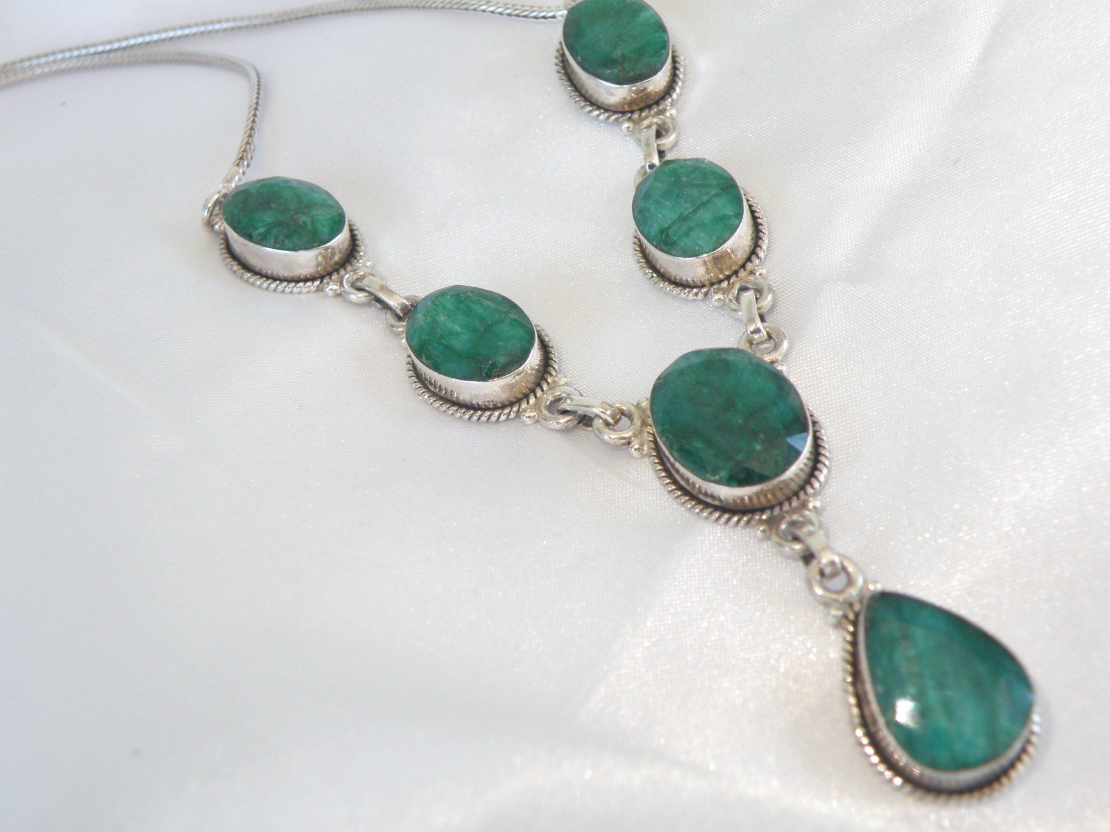 Vintage Sterling Silver 925 Large Natural Raw Emerald Statement Necklace 19″
