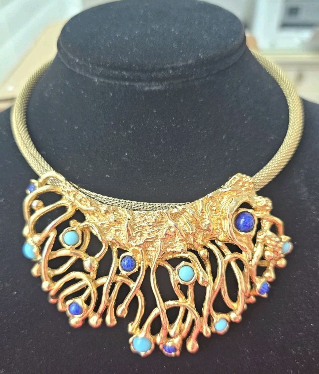 Signed PANETTA Gold tone Pendant Choker Faux Turquoise Lapis Cabochon Brutalist
