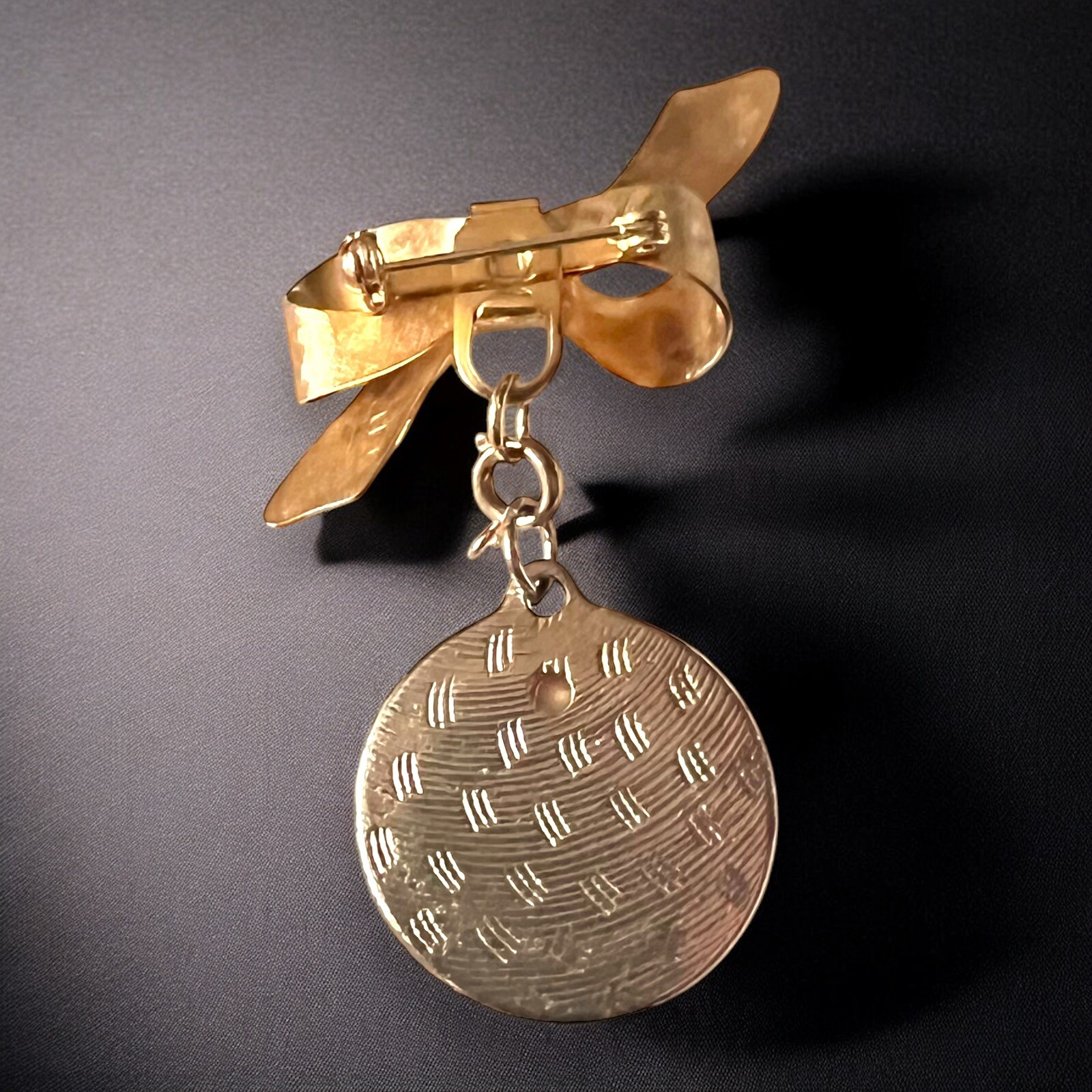 Photo Brooch Bow Locket Pin Vintage Gold Tone Dangle Baby Picture