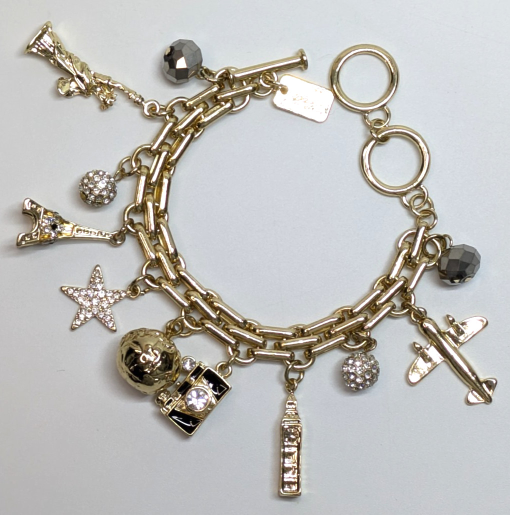 VTG Off Park Collection Gold Tone Travel Charm Bracelet Eiffel Tower Camera 8-9″