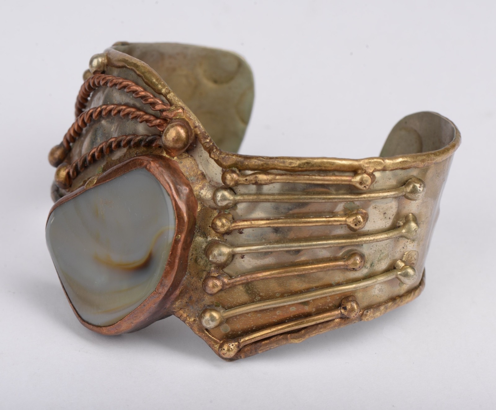 Vintage Mixed Metal Agate Stone Cuff Bracelet Artisan Boho 2.5″