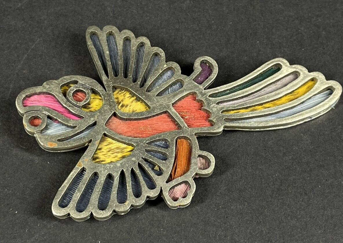 Vintage Los Castillo Pluma Azteca Exotic Silver-plated & Feather Bird Brooch