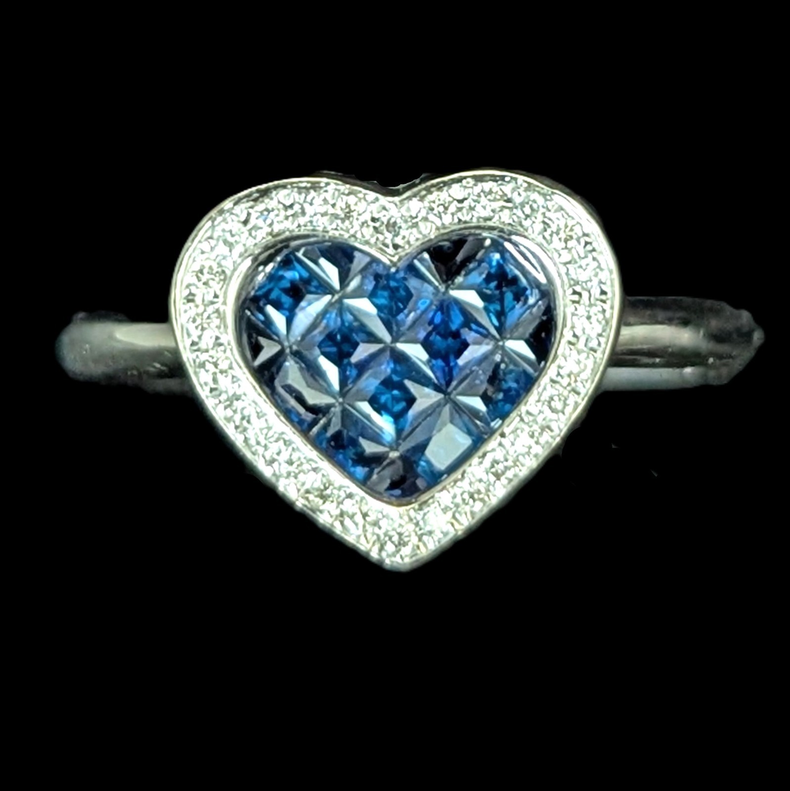 Estate Invisible Set Sapphires Diamonds 14k White Gold Heart Ring William Lam Co
