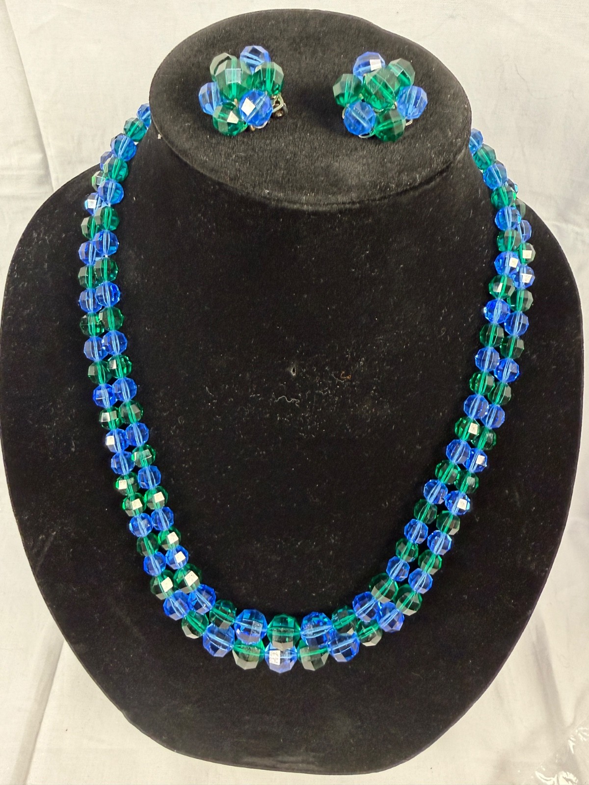 Vintage Blue & Green Faceted Glass Beaded Necklace Clip Earrings Set