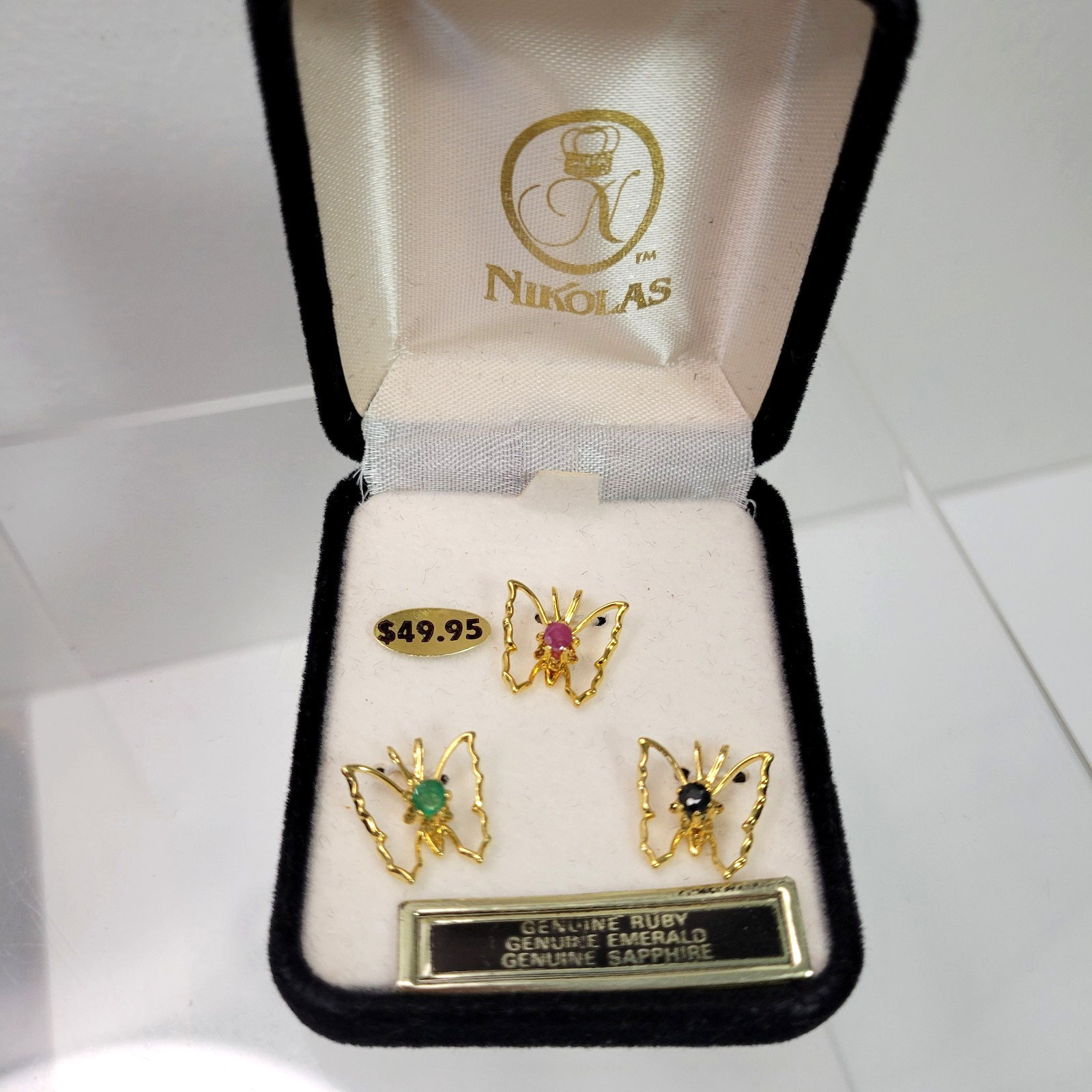 Vtg NIKOLAS 3pc. Butterfly Genuine Gemstone Pendants Set Ruby Emerald Sapphire