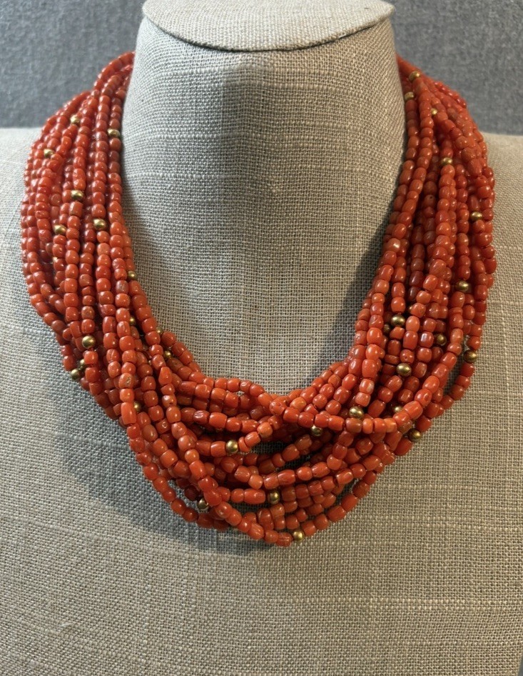 Vintage 18k Gold Multi Strand Coral Necklace Statement Chunky European 17”