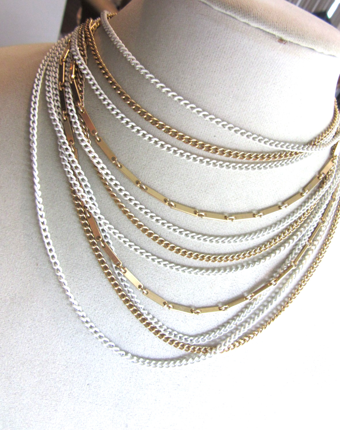 Vintage 10-chain white enameled and gold tone chains necklace -14″ long