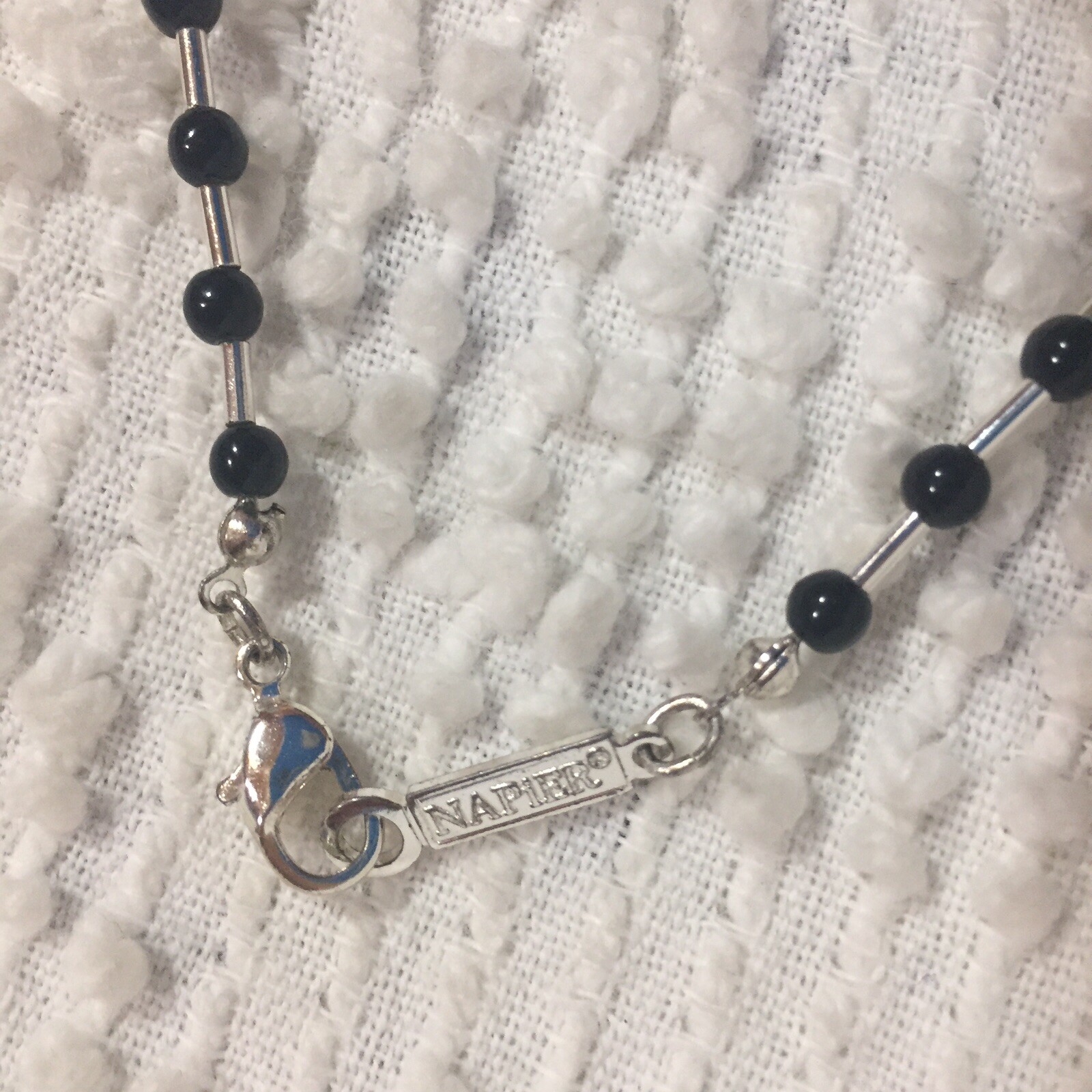 Napier Matinee Necklace Small Black Beads with Silver Tone 1990’s Vintage 23″