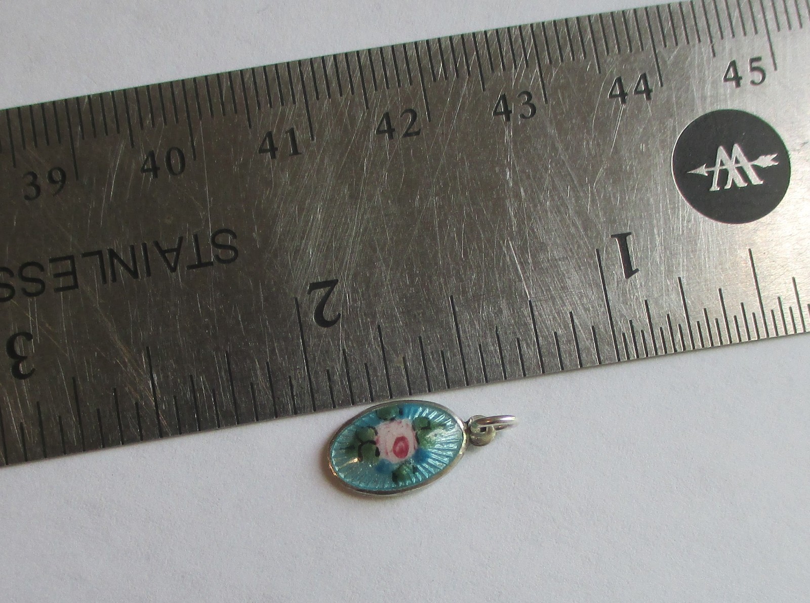 9/16in SMALL VINTAGE STERLING SILVER BLUE GUILLOCHE ENAMEL ROSE FLOWER CHARM
