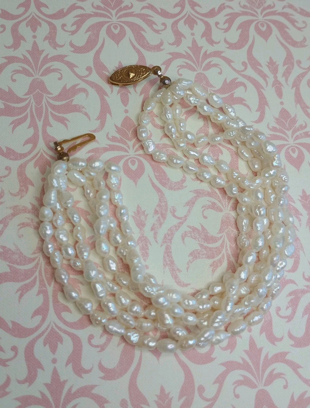 Vtg Freshwater Baroque Rice Pearl Bracelet Gold Tone Fish Hook Clasp 6 Strand