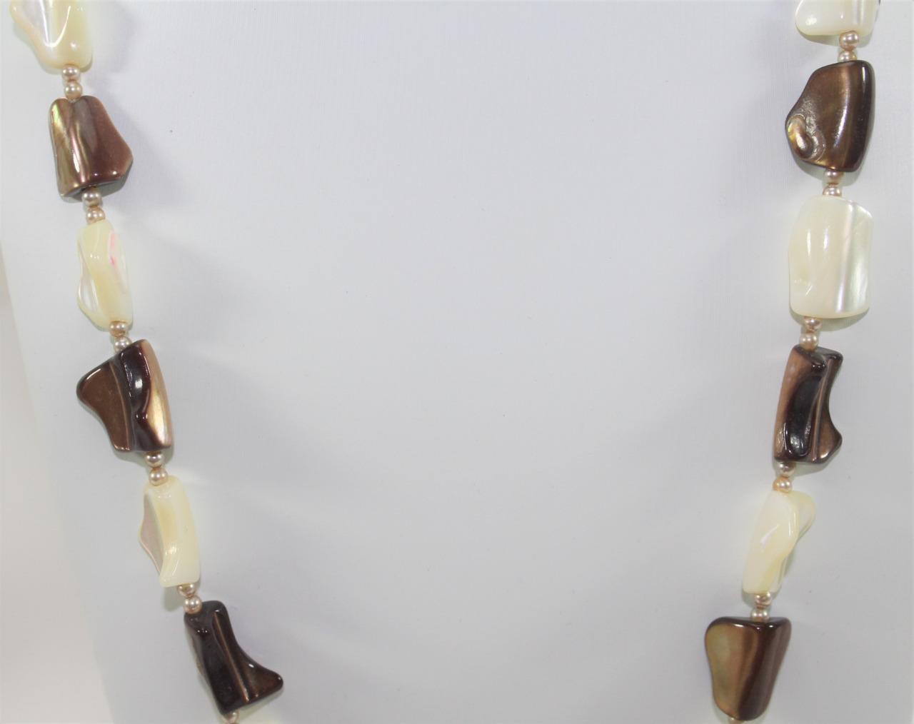 Vintage Brown & White Stone Necklace & Clip On Earring Set w/Faux Pearls ~ Japan