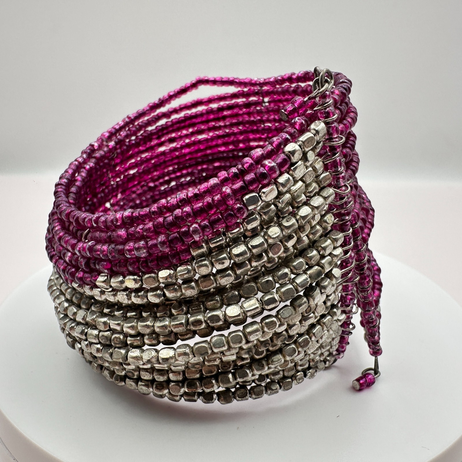Vintage 90s Magenta Pink &Silver Seed Bead Multi-Strand Wrap Cuff Bracelet Boho