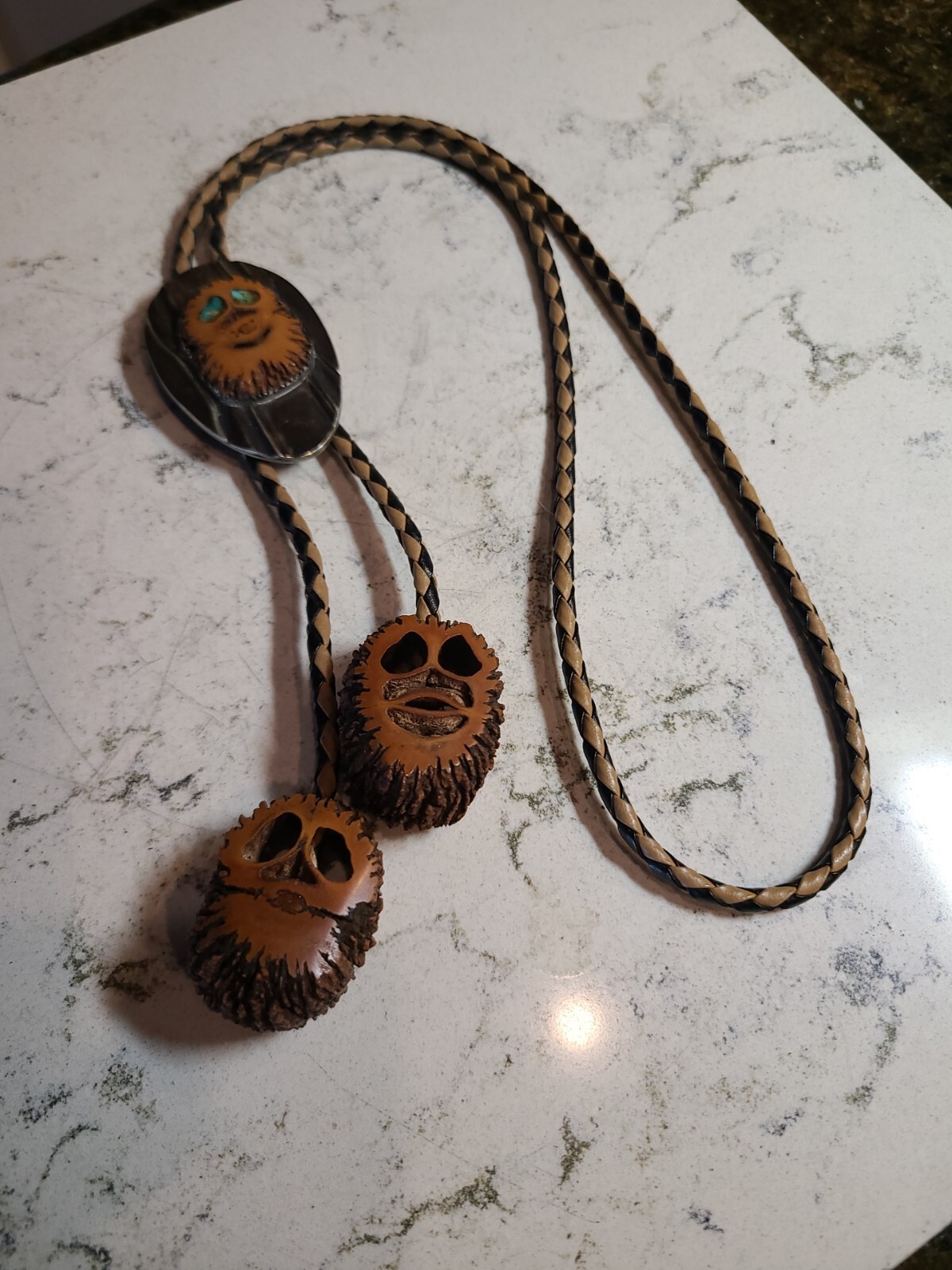 Native American Bolo Tie AMAZING DETAIL Metal and Nut Shell Turquoise Eyes EUC