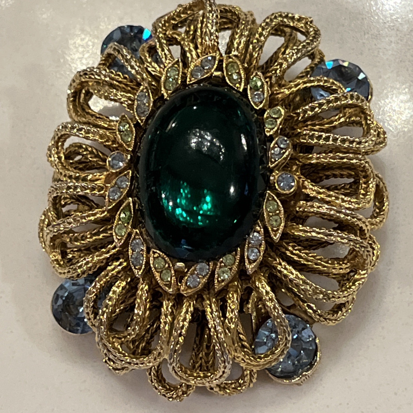 Vintage Capri Green Gripoix Glass Cabochon Blue Green Rhinestone Ornate Brooch