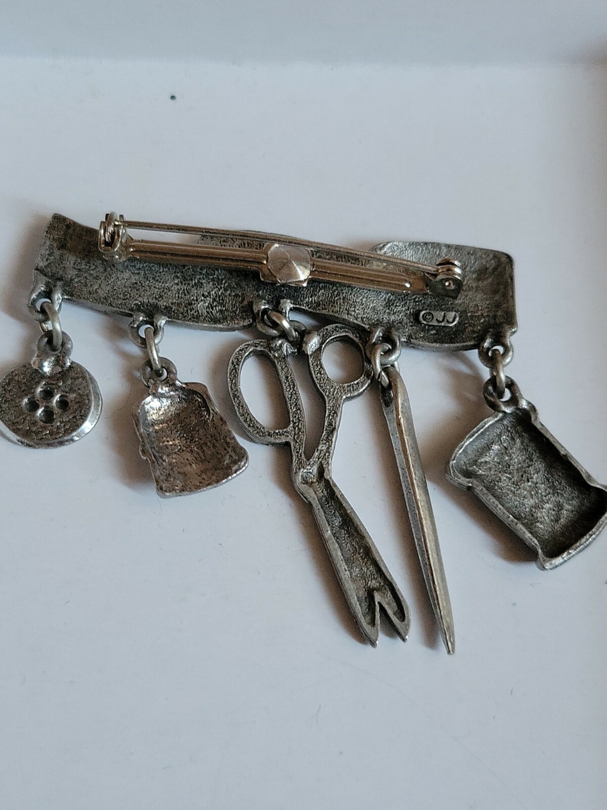 Vintage JJ Measuring Tape Brooch Pin Dangling Notions Silver Tone
