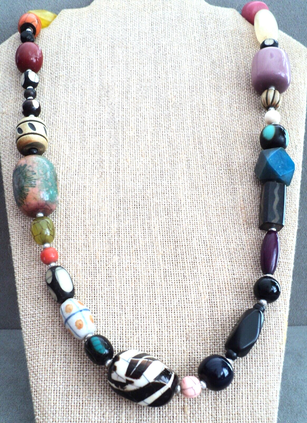 1980s Big BEAD NECKLACE Assorted Shapes COLORS Materials 26″ – HORN Wood ACRYLIC
