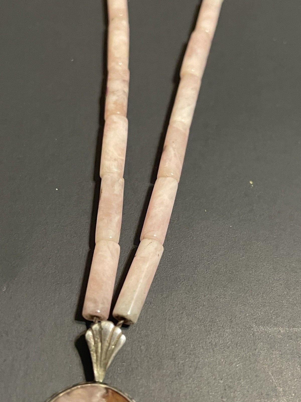 Vtg Rose Quartz Stone Necklace Pink Agate Pendant Sterling Silver Beaded