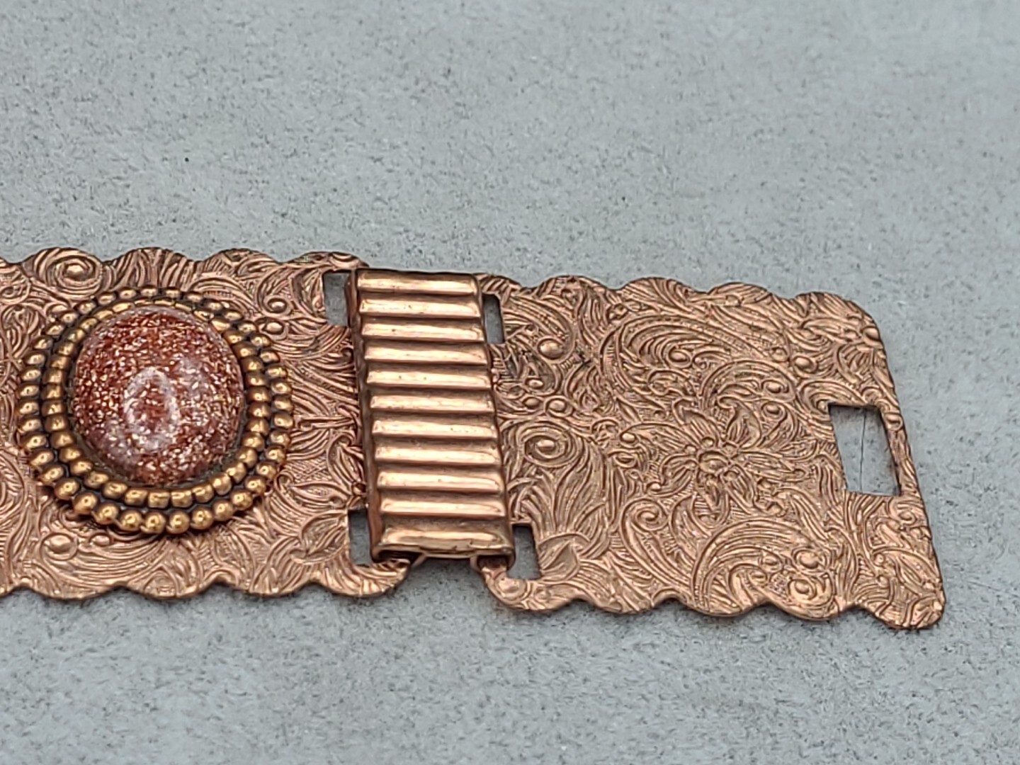 Stunning Vintage Copper & GoldStone Bracelet 7 3/4″ & Earrings Ornate Metalwork