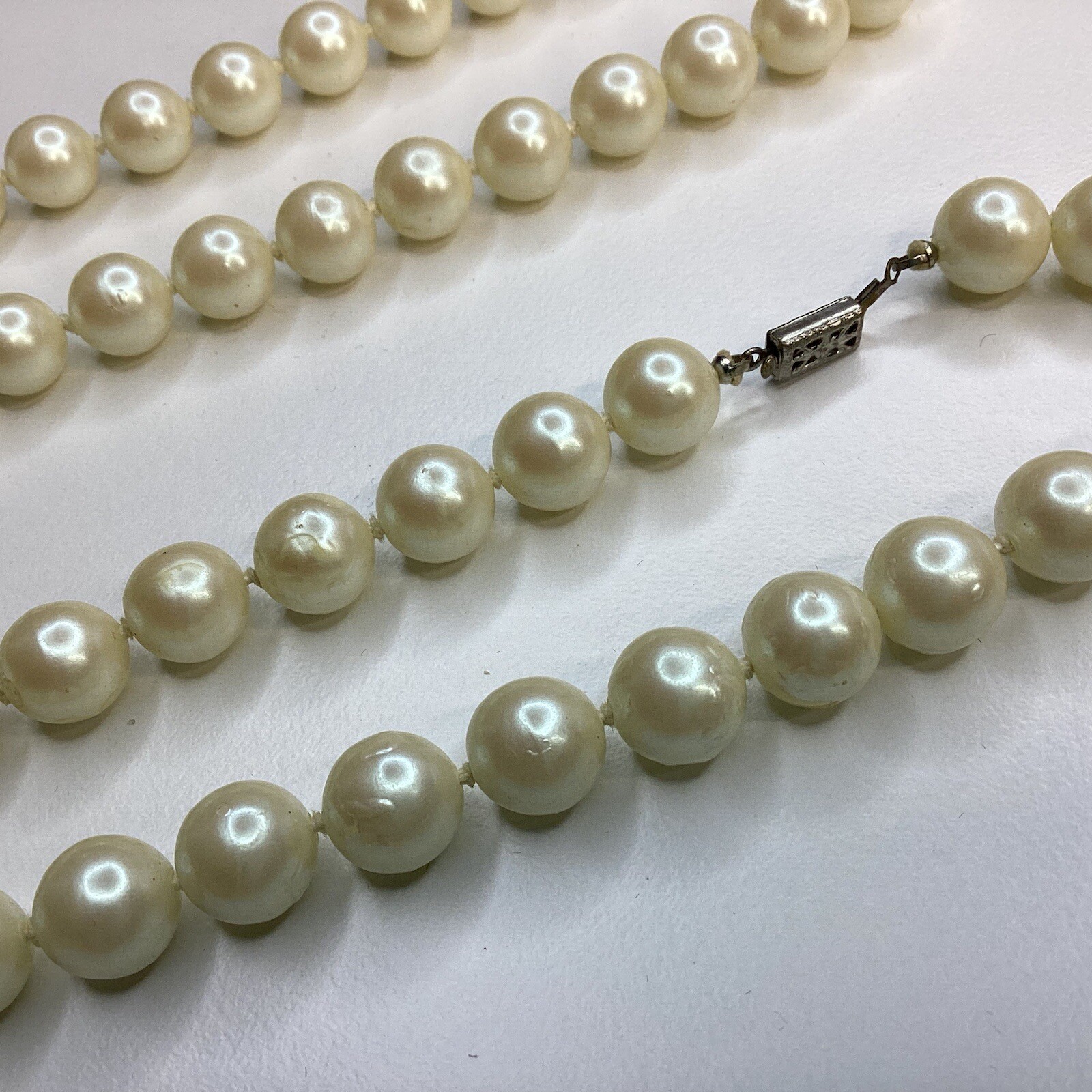 Vtg Classic Hand Knotted Faux 1cm Pearls Long Necklace 50″ Flapper Style