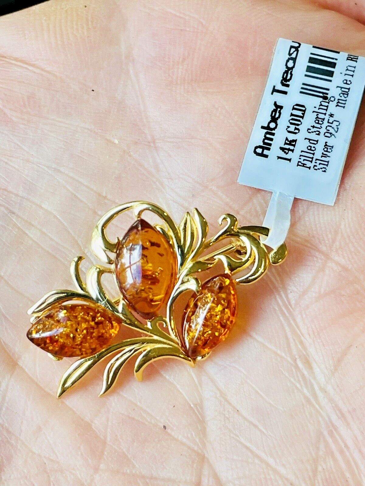 Genuine 14K Gold Filled Gilded Baltic Honey Cognac Amber Color Pin Brooch 925*