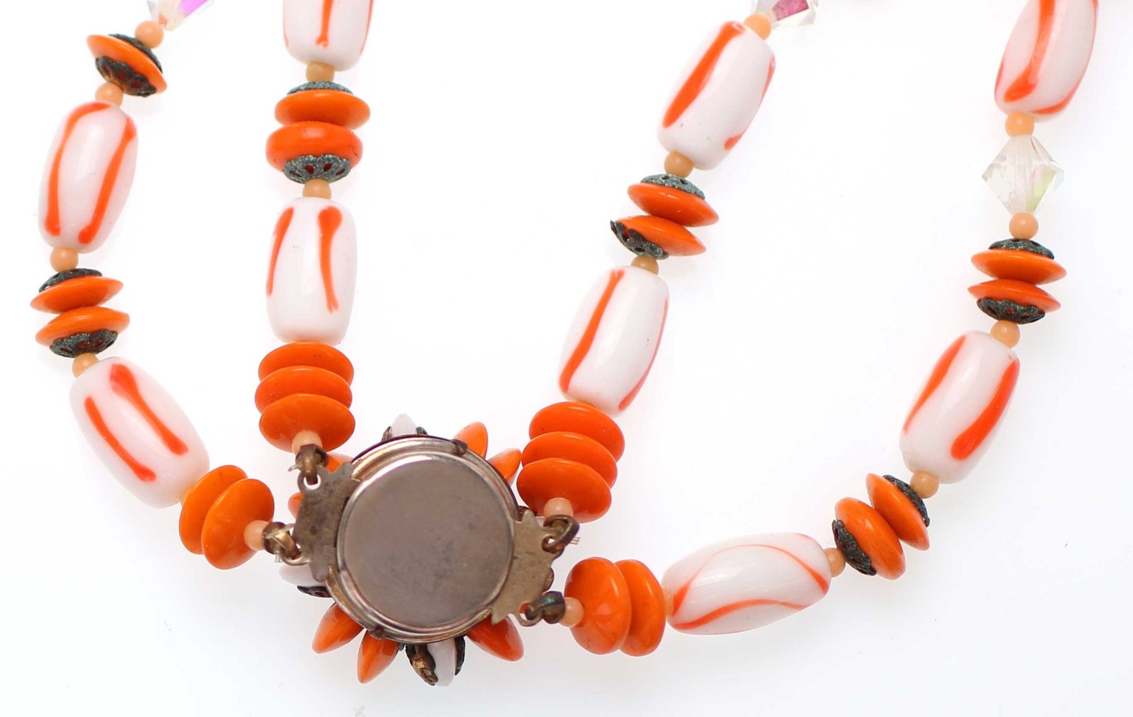 1950s Vintage Layered Necklace Orange White Stripe Glass Beads Crystal Halloween