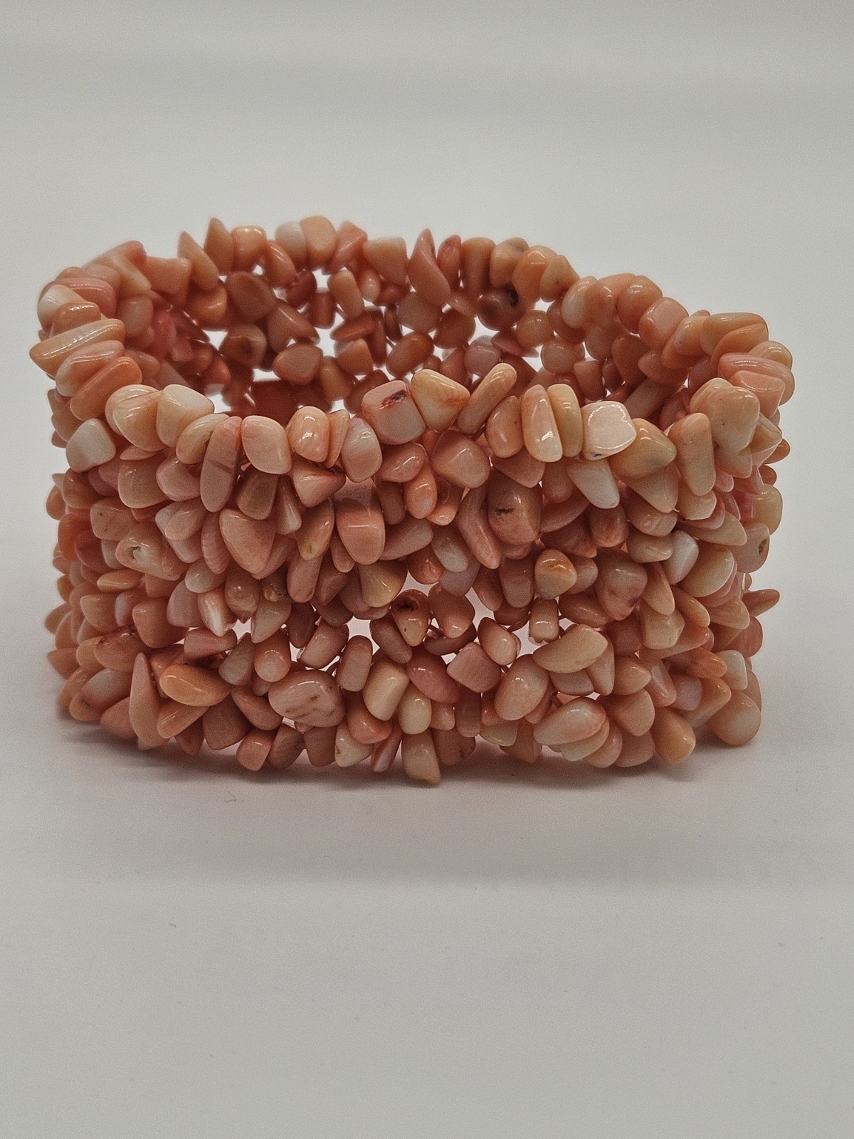 Vintage Pink Coral Wide Band Stretch Bracelet W/ Free-Shape Tumbled Stones