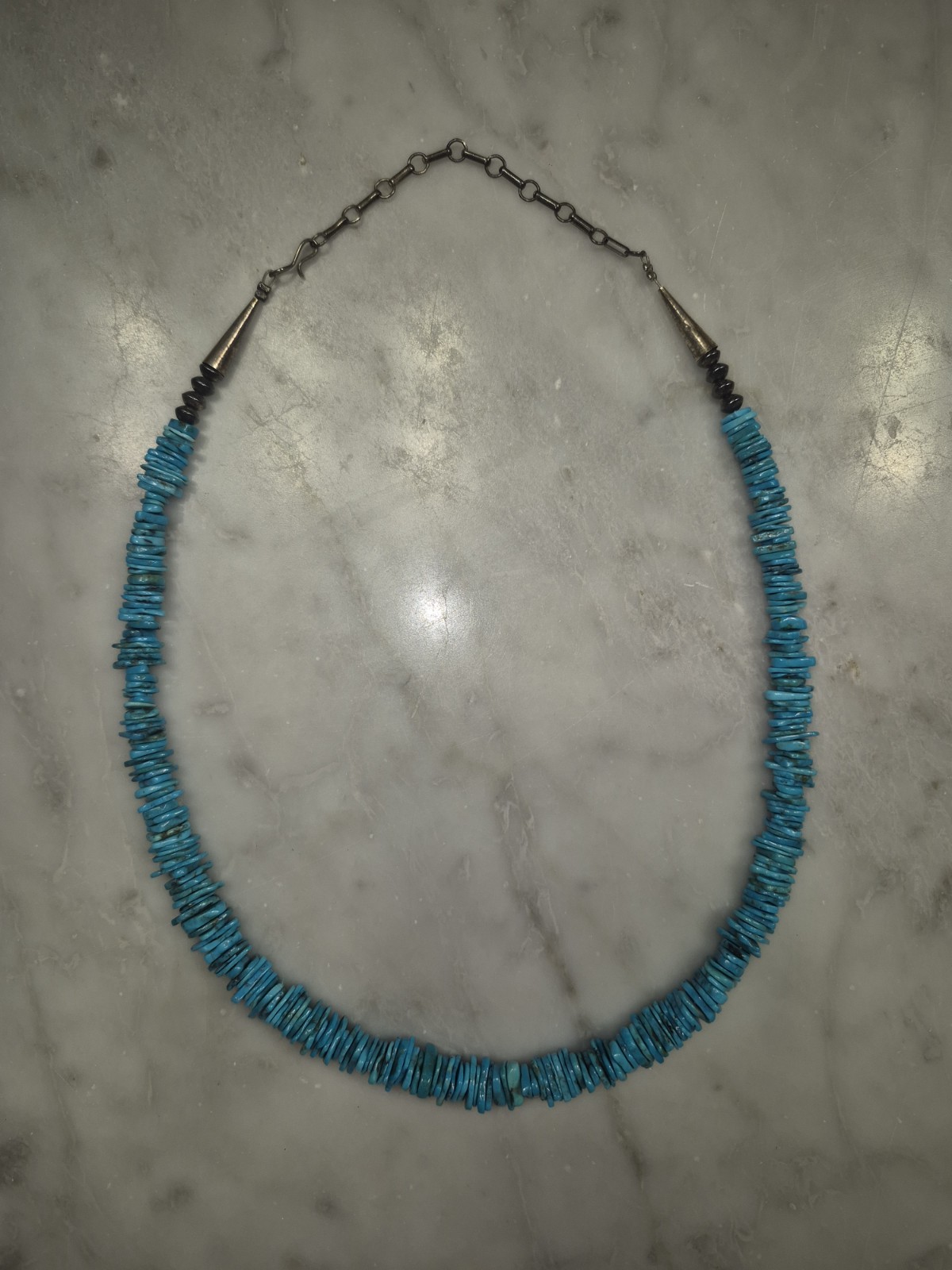 Vintage Turquoise Chip Necklace 925 Sterling Silver Cones Hook Clasp 50g