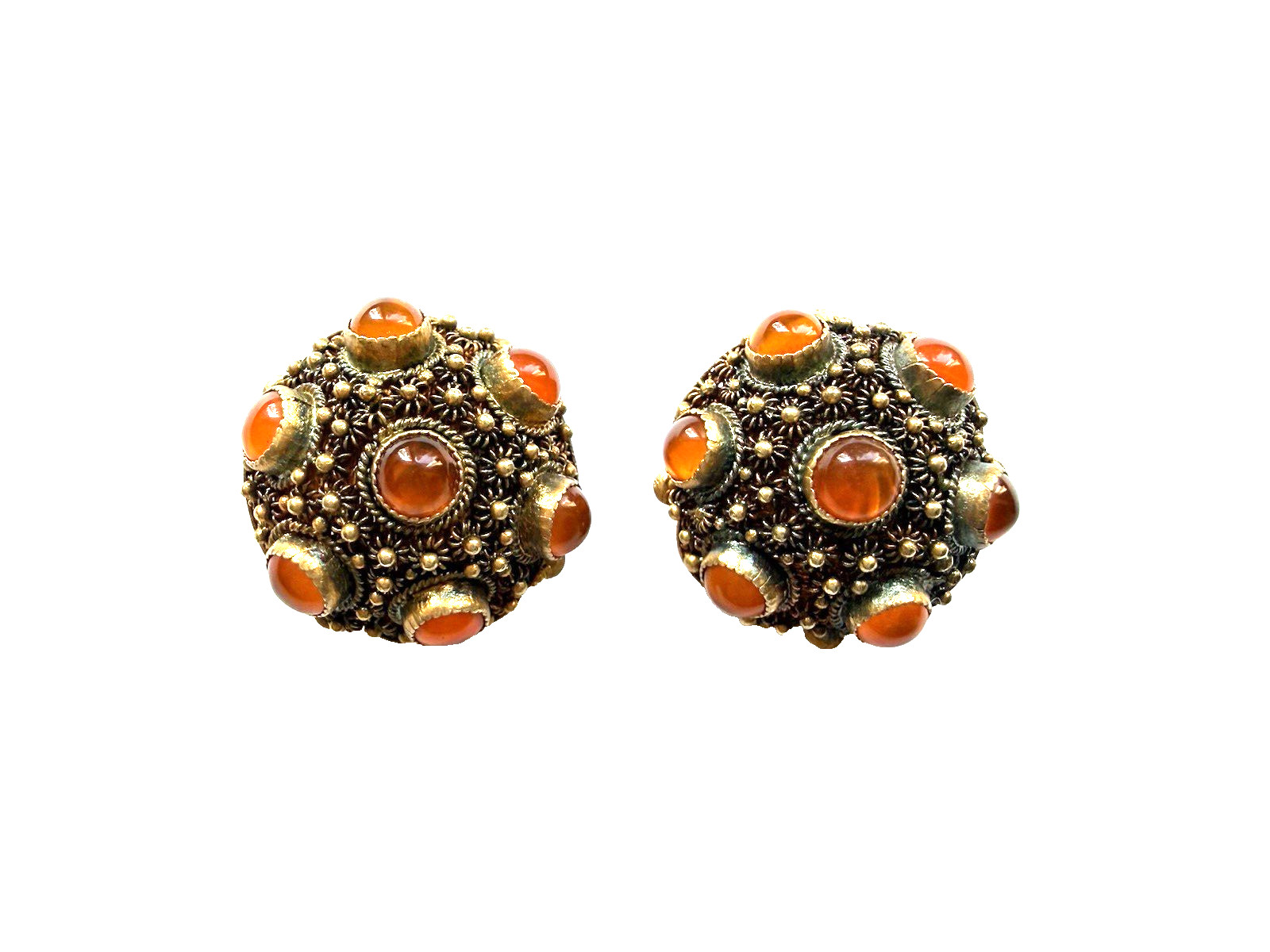 Vintage Gilt Silver Filigree Earrings Cannetille & Carnelian Orange Stones