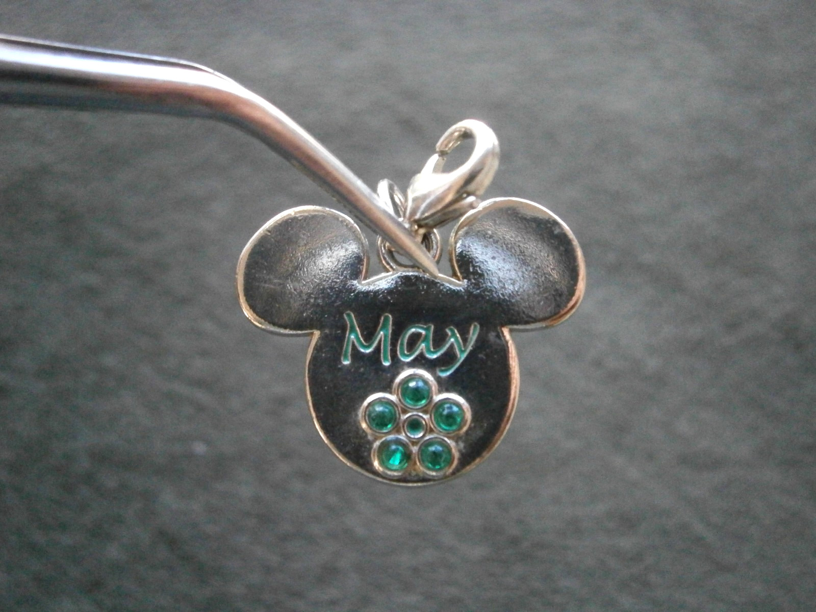 Mickey Mouse Ears May Birthstone Vintage Silvetone Bracelet Charm Pendant 3.5g