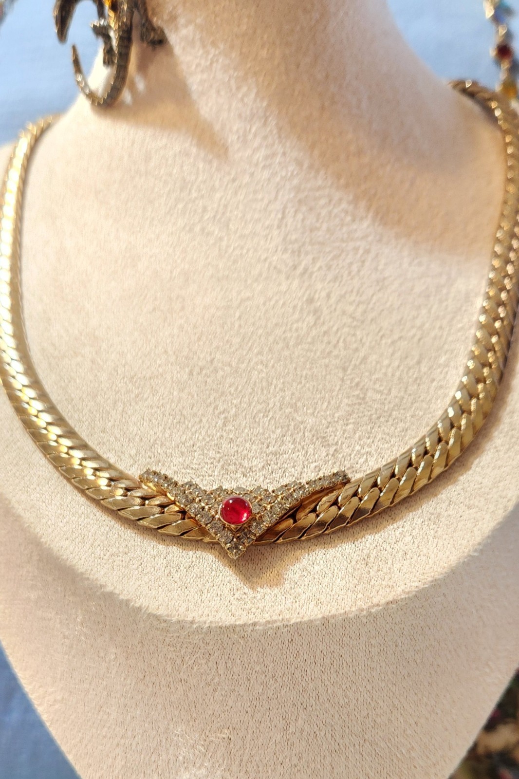 Flat Gold-toned Necklace V Shape Rhinestones Station Pendant & A Red Dot Glass