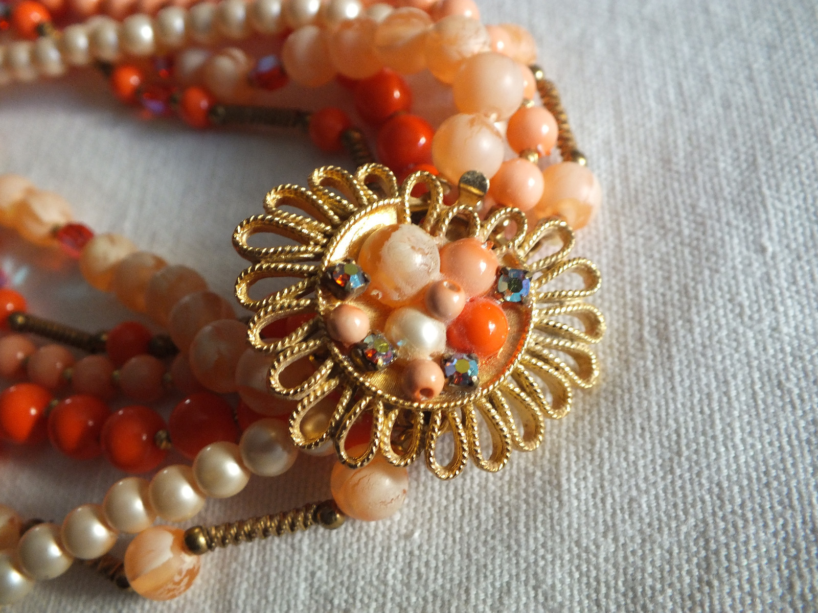 Beautiful Necklace Gold Tone Orange Peach Cream AB Rhinestones 6 Strand 22″ WOW